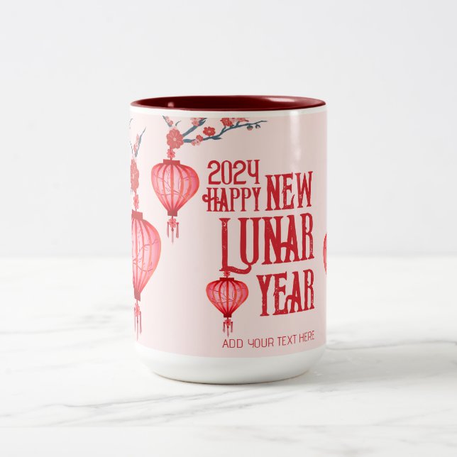 Chinese New Lunar Year Cherry Blossoms Lanterns  Two-Tone Coffee Mug (Center)