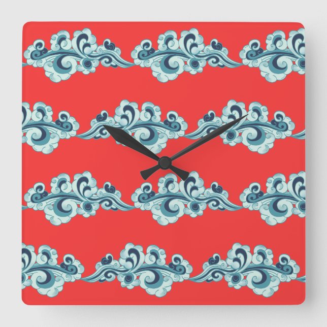 Chinese New Lunar Year Clouds Pattern Red Square Wall Clock (Front)