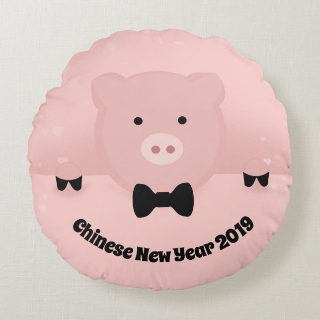 Chinese New Year 2019 Earth Pig in a Bow Tie Round Cushion (Front)