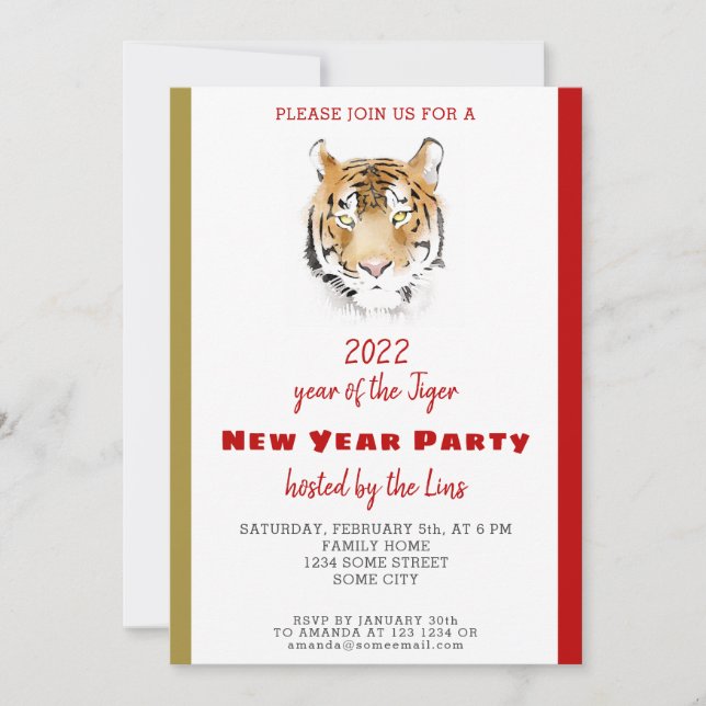 Chinese New Year 2022 Tiger Watercolor Party Invitation (Front)