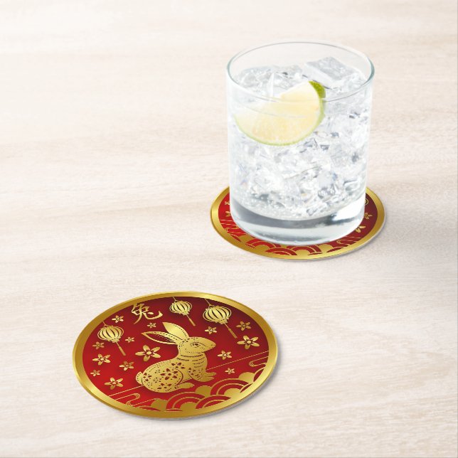 Chinese New Year 2023  Rabbit  Red Gold  Round Paper Coaster (Insitu)