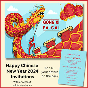 Chinese New Year 2024 Add Name, Red Gold Dragons Invitation