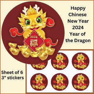 Chinese New Year 2024  Dragon Gold Red Large 3" Classic Round Sticker