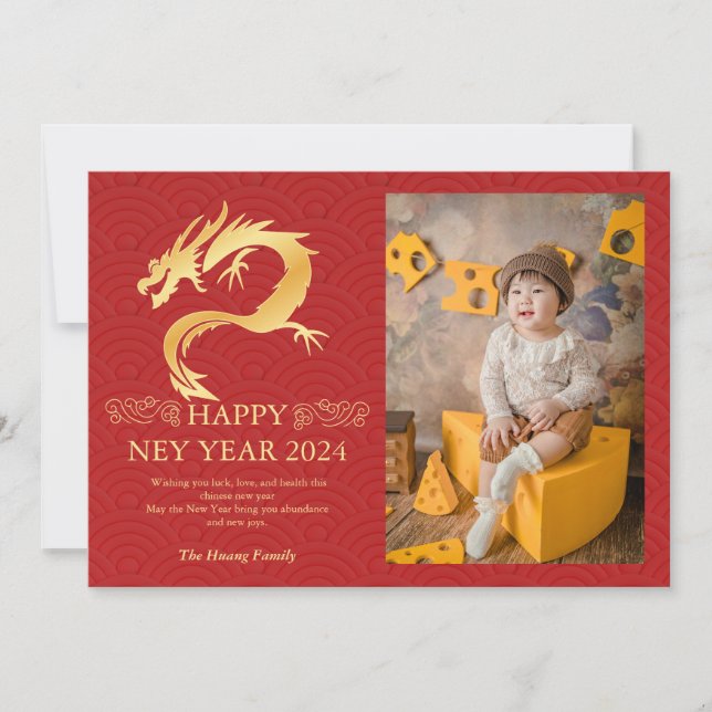 Chinese New Year 2024, Year Of The Dragon Red Holi Holiday Card (Front)