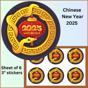 Chinese New Year 2025 Gold Snake on Black Large 3" Classic Round Sticker