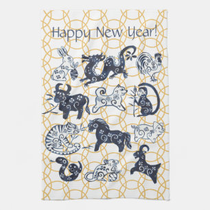 Chinese New Year Animals Zodiac Minimal Blue Gold Tea Towel