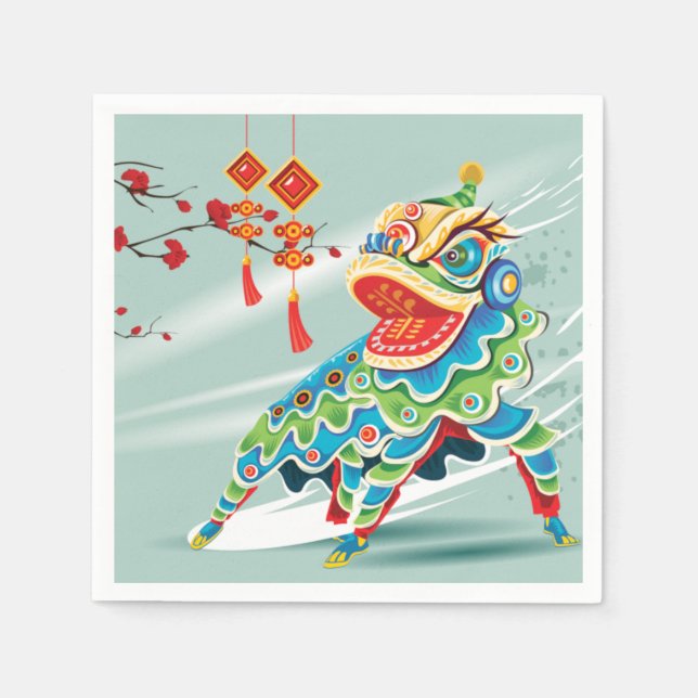 Chinese New Year Blue Lion Dancer Napkin (Front)