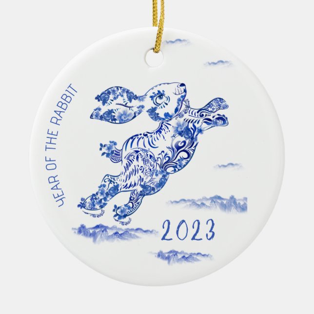 Chinese New Year Blue White Rabbit 2023 Ornament (Front)