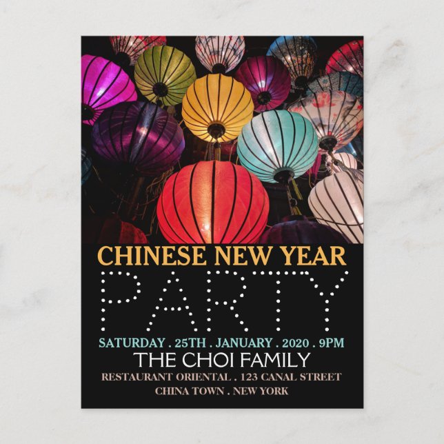 Chinese New Year, Colorful Lanterns Invitation Postcard (Front)