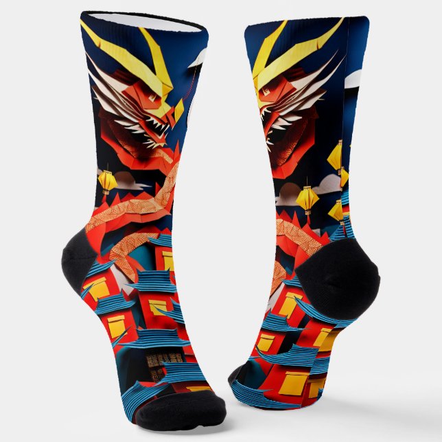 Chinese New Year Dragon 2024 origami CS Socks (Angled)