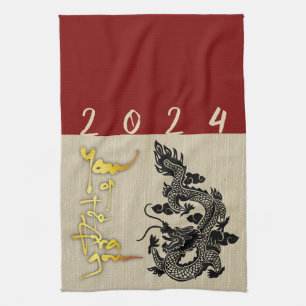 Chinese New Year Dragon Black paper-cut Zodiac KT2 Tea Towel