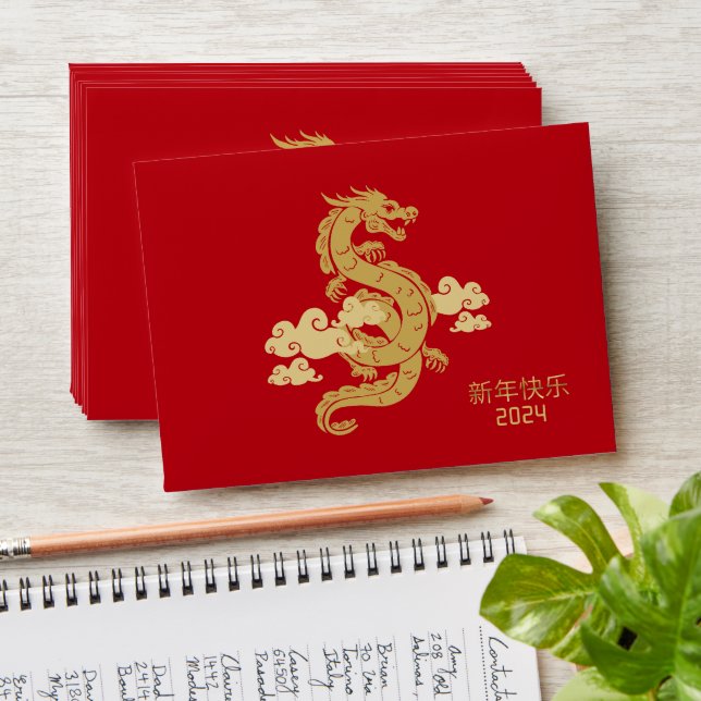 Chinese New Year Dragon Hong Bao Red Gold Envelope (Stacked)