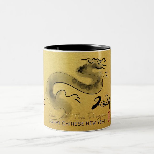 Chinese New Year Dragon Original Painting Gold 2TM Two-Tone Coffee Mug (Center)