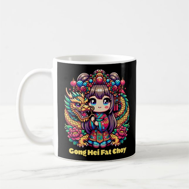 Chinese New Year Girl, Dragon, Flowers Coffee Mug (Left)