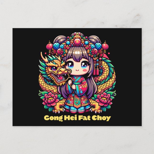 Chinese New Year Girl, Dragon, Flowers Postcard (Front)