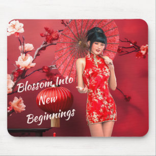 Chinese New Year Girl with a Red Umbrella Mouse Pad