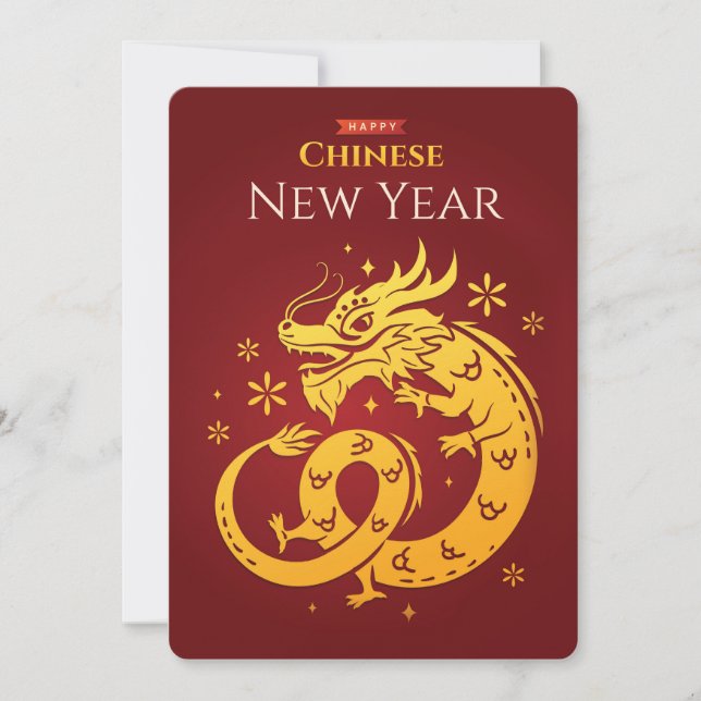  Chinese New Year Golden Coloured Dragon on Red Invitation (Front)