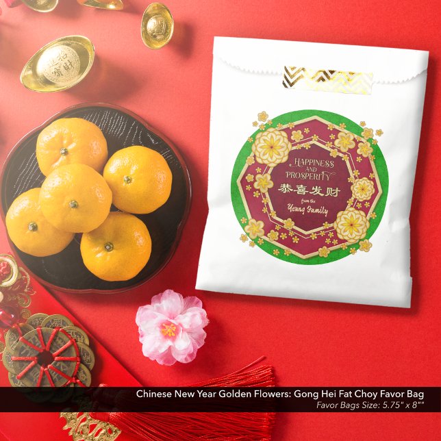 Chinese New Year Golden Flowers: Gong Hei Fat Choy Favour Bag (Chinese New Year Golden Flowers Favor Bag: Gong Hei Fat Choy, with Spring Green Background.)