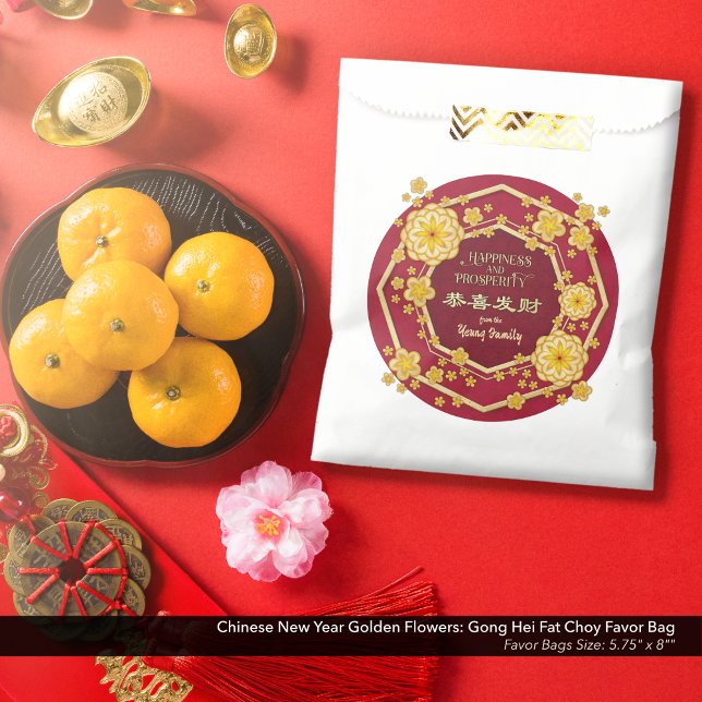 Chinese New Year Golden Flowers: Gong Hei Fat Choy Favour Bag (Chinese New Year Golden Flowers Favor Bag: Gong Hei Fat Choy, with Red Background.)