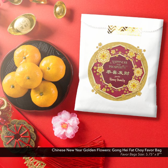 Chinese New Year Golden Flowers: Gong Hei Fat Choy Favour Bag (Chinese New Year Golden Flowers Favor Bag: Gong Hei Fat Choy, with Yellow Gold Background.)