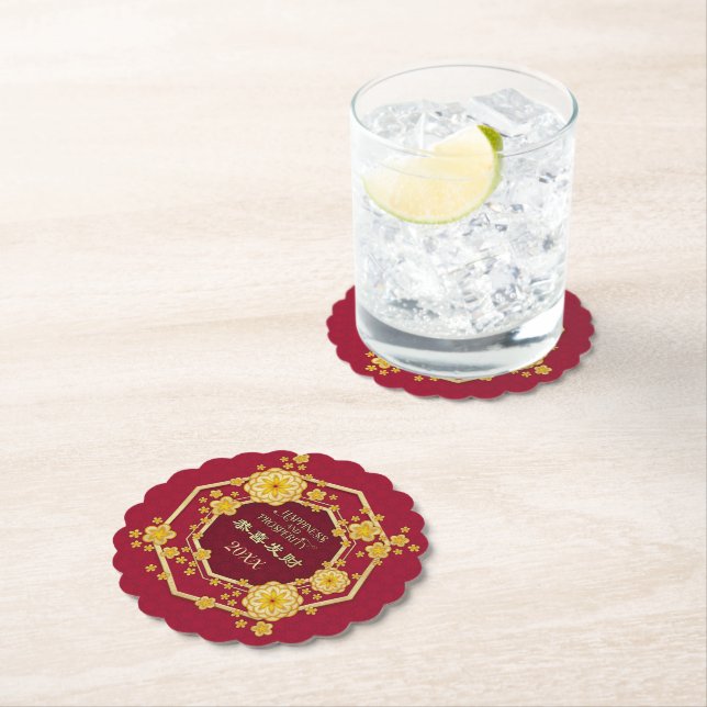Chinese New Year Golden Flowers: Gong Hei Fat Choy Paper Coaster (Insitu)
