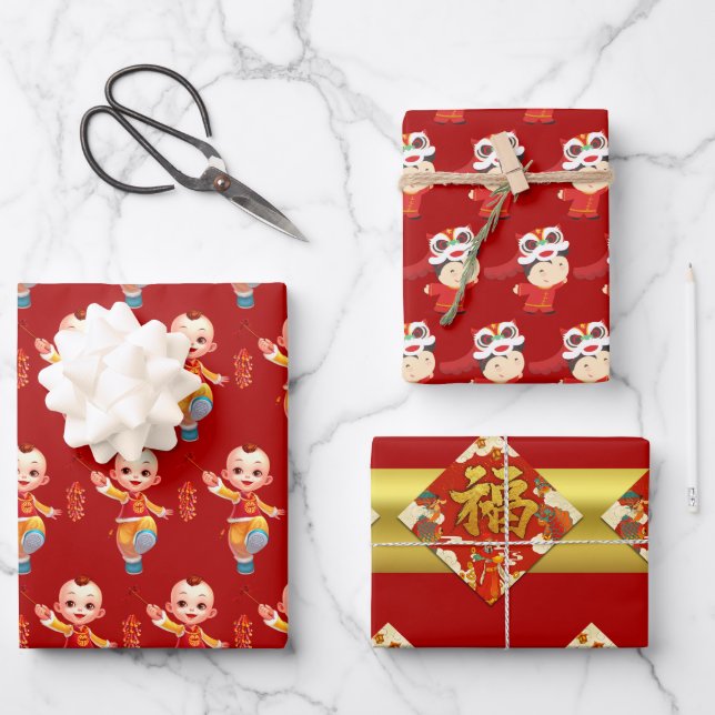 Chinese New Year Kids Fu Ideogram patterns W3PS Wrapping Paper Sheet (Front)