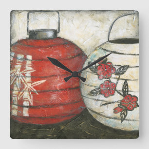 Chinese New Year Lanterns with Floral Print Square Wall Clock