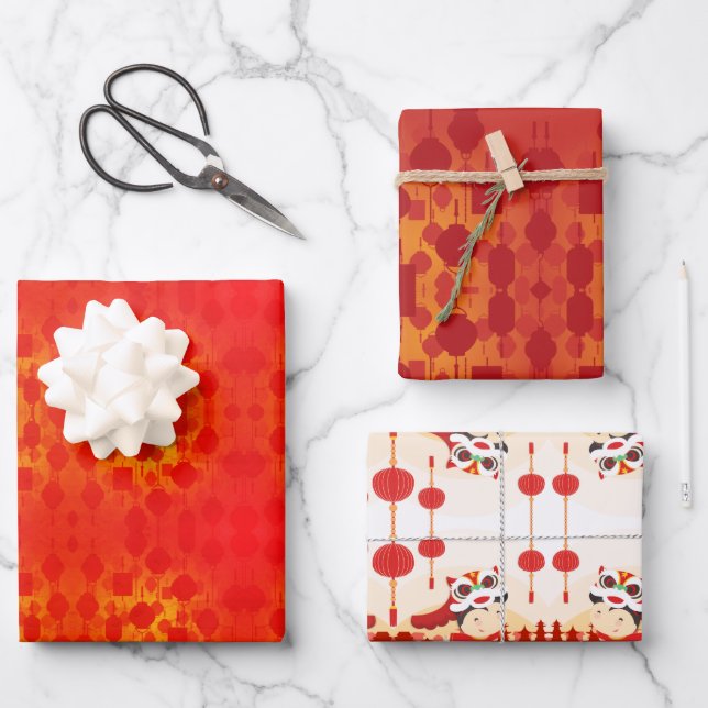 Chinese New Year Lion Dance Lanterns W3PS Wrapping Paper Sheet (Front)