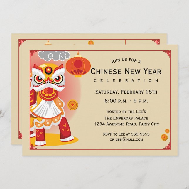 Chinese New Year Lion Dancer Invitation (Front/Back)