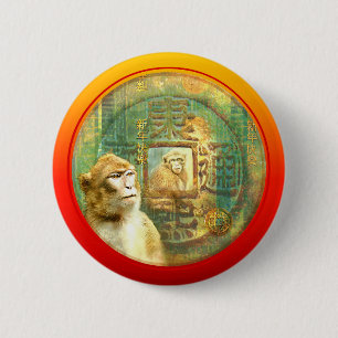 Chinese New Year Monkey 2 Monkeys in Coin 6 Cm Round Badge