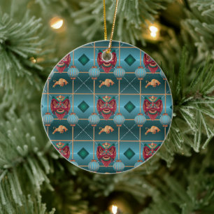 Chinese New Year of Ox - Green Check Pattern Ceramic Ornament