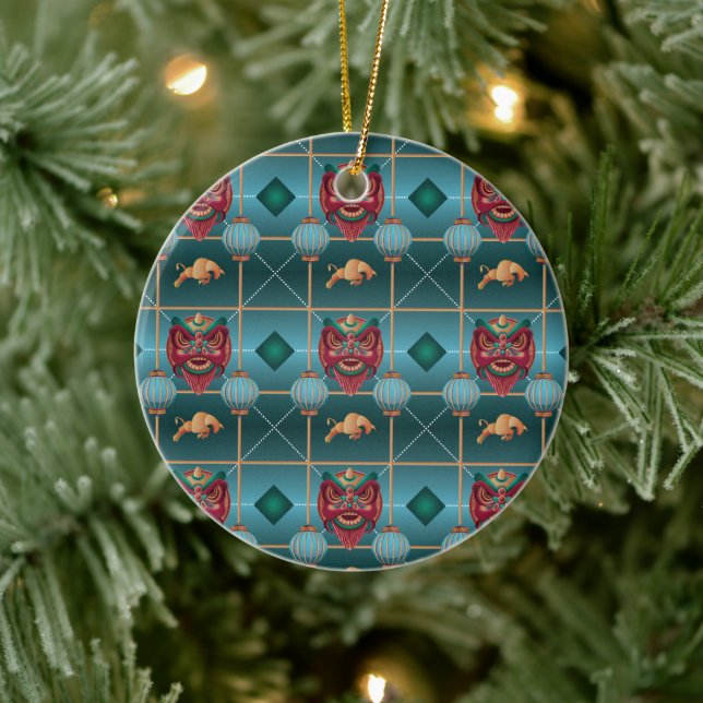 Chinese New Year of Ox - Green Check Pattern Ceramic Ornament (Tree)