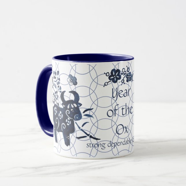 Chinese New Year of Ox Zodiac Artistic Modern Blue Mug (Front Left)