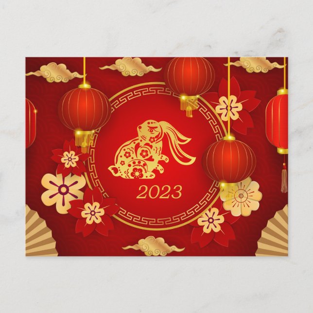 Chinese New Year of Rabbit Ornaments Floral Red Holiday Postcard (Front)