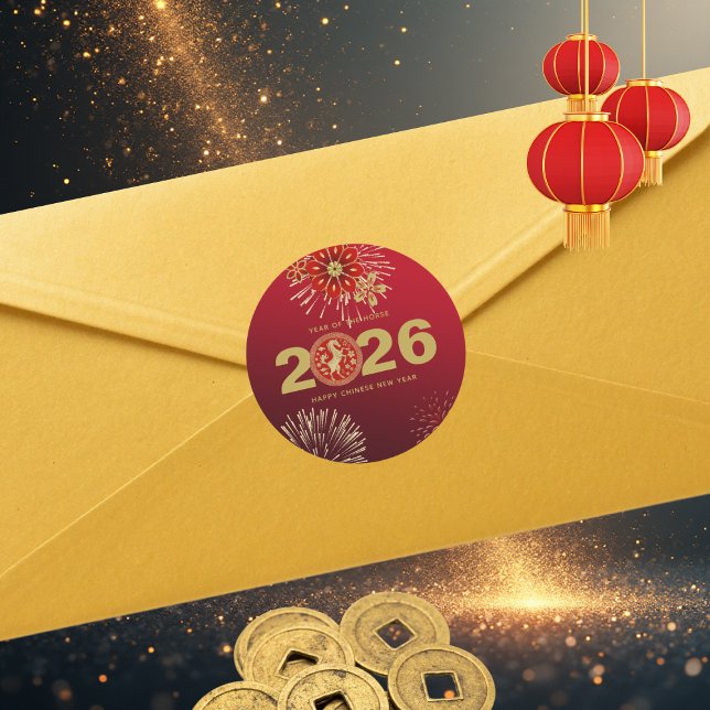 Chinese New Year of the Horse Gold Red Classic Round Sticker (Creator Uploaded)