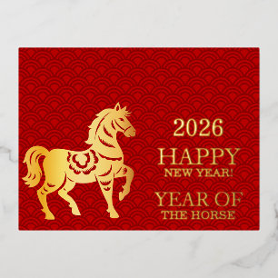 Chinese New Year Of The Horse Red Gold Foil Holiday Postcard