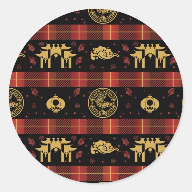 Chinese New Year of Tiger Red Check Pattern Classic Round Sticker (Front)