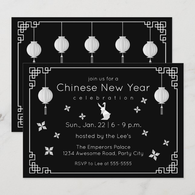 Chinese New Year Origami Rabbit, black Invitation (Front/Back)