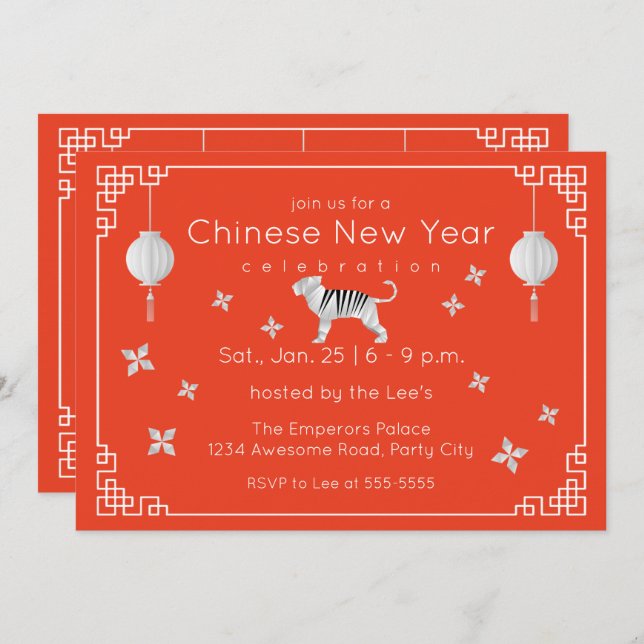 Chinese New Year Origami Tiger, orange Invitation (Front/Back)