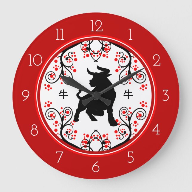 Chinese New Year Ox with Red Blossoms Large Clock (Front)
