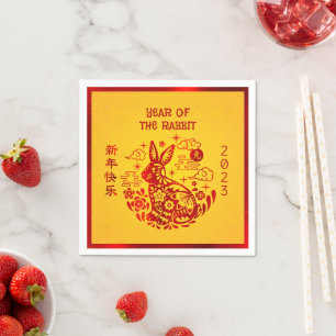 Chinese New Year Rabbit 2023 Red Foil Yellow Bold Napkin