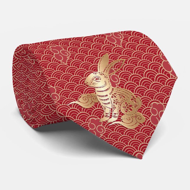 Chinese New Year Rabbit 2023 Red Golden Paper Cut Tie (Rolled)