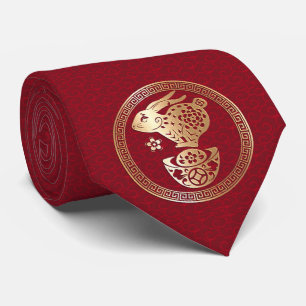 Chinese New Year Rabbit 2023 Red Golden Paper Cut Tie