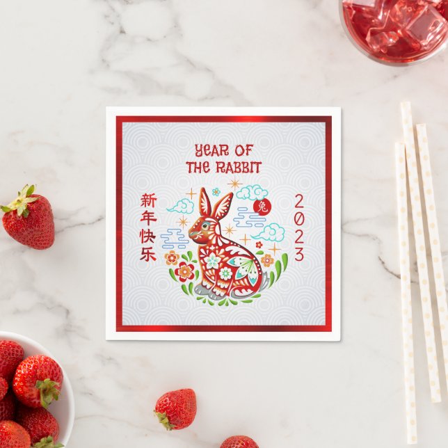 Chinese New Year Rabbit Papercut 2023 Red Foil Napkin (Insitu)