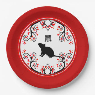 Chinese New Year Rat with Red Blossoms Paper Plate