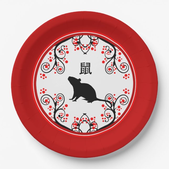 Chinese New Year Rat with Red Blossoms Paper Plate (Front)
