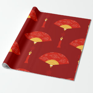 Chinese New Year Red and Gold Decorative Fan Wrapping Paper