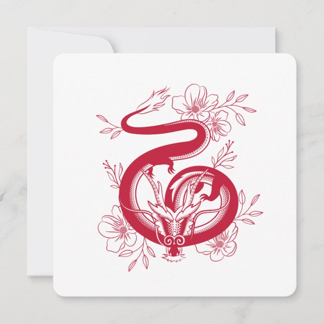 Chinese New Year Red Dragon with Flower Holiday Card (Front)