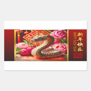 Chinese New Year Snake and Peonies Origami HRS Rectangular Sticker