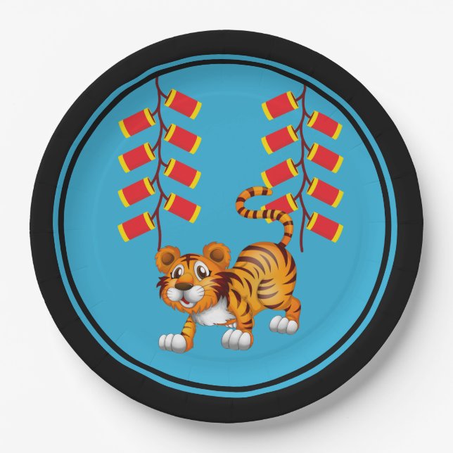 Chinese New Year Tiger & Chinese Firecrackers Paper Plate (Front)